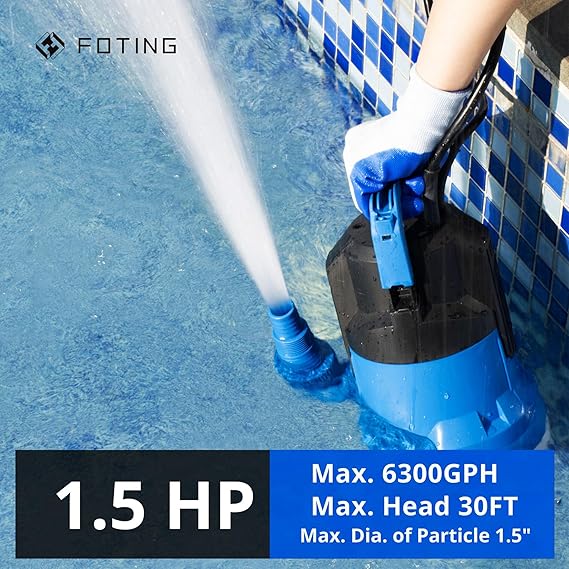 FOTING 2025Upgraded Automatic Sump Pump, 1.5HP 6300GPH Sweage Pump for Basement & Pool Draining, Submersible Water Pump with Float Switch, Sealed Thermoplastic for Puddle Pool Tub Pond