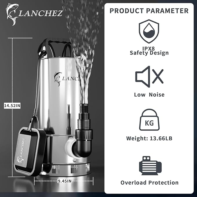 LANCHEZ 1.6HP Stainless Steel Sump Pump, 5500GPH High Flow Submersible Water Pump with Float Switch, Automatic Transfer Water Pump for Pool Basement Flooded Pit Sewage Sink Tub with 16ft Cord