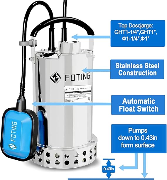 FOTING Full 304 Stainless Steel Sump Pump with Float Switch - 1HP 4600GPH Automatic Submersible Water Pump Fast Water Removal in Pools, Basements, Sewage, Hot Tubs Heater Flush Pit, ponds w/ 10FT Cord