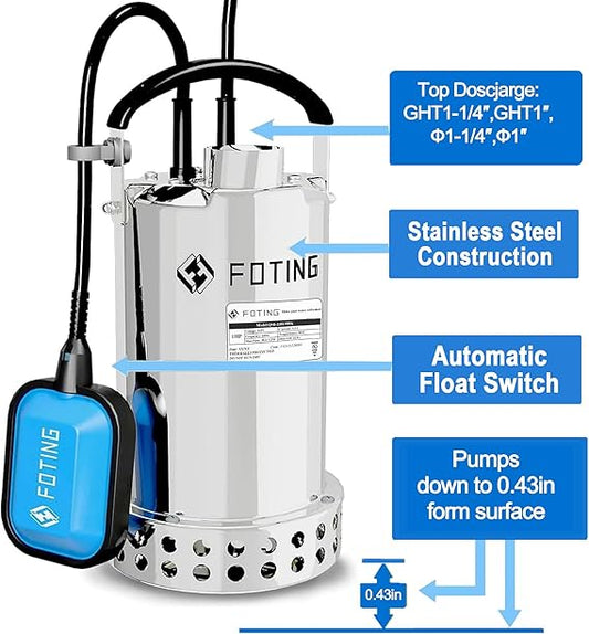 FOTING Full 304 Stainless Steel Sump Pump with Float Switch - 1HP 4600GPH Automatic Submersible Water Pump Fast Water Removal in Pools, Basements, Sewage, Hot Tubs Heater Flush Pit, ponds w/ 10FT Cord