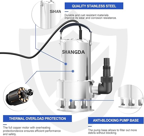 Sump Pump 1.6 HP Submersible Water Draining Pump 5500 GPH Stainless Steel Electric Clean/Dirty Water Transfer Pumps with Adapters for Pool Hot Tub Pond Flood Basement