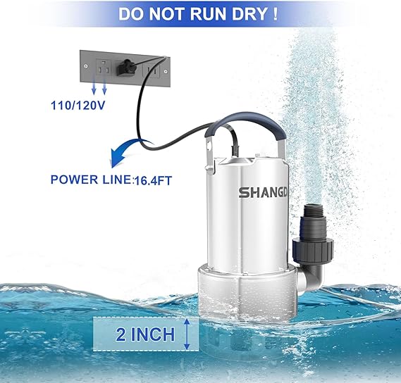Sump Pump 1.6 HP Submersible Water Draining Pump 5500 GPH Stainless Steel Electric Clean/Dirty Water Transfer Pumps with Adapters for Pool Hot Tub Pond Flood Basement