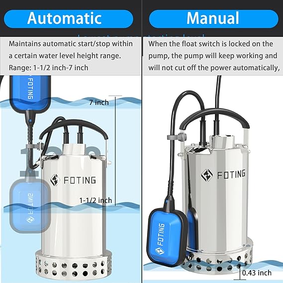 FOTING Full 304 Stainless Steel Sump Pump with Float Switch - 1HP 4600GPH Automatic Submersible Water Pump Fast Water Removal in Pools, Basements, Sewage, Hot Tubs Heater Flush Pit, ponds w/ 10FT Cord