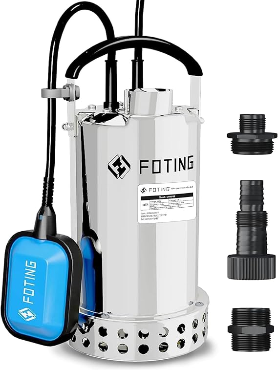 FOTING Full 304 Stainless Steel Sump Pump with Float Switch - 1HP 4600GPH Automatic Submersible Water Pump Fast Water Removal in Pools, Basements, Sewage, Hot Tubs Heater Flush Pit, ponds w/ 10FT Cord