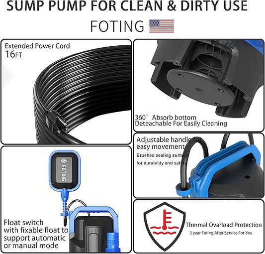 FOTING 2025Upgraded Automatic Sump Pump, 1.5HP 6300GPH Sweage Pump for Basement & Pool Draining, Submersible Water Pump with Float Switch, Sealed Thermoplastic for Puddle Pool Tub Pond